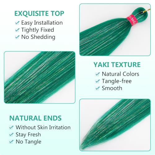 26 Inch Green Braiding Hair with Tinsel - Pre Stretched Yaki Extensions