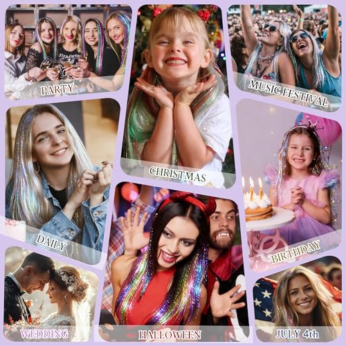 Hair Tinsel, 18 Colors Fairy Hair Tinsel Kit for Teen Girls 8600 Strands Heat Resistant Glitter Hair Extensions for Christmas Party Festival(18 Colors 48 Inches)