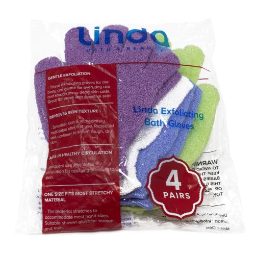 Linda Multicolor Exfoliating Bath Gloves Pack of 4 - Gentle Body Scrubbers for Smooth Skin