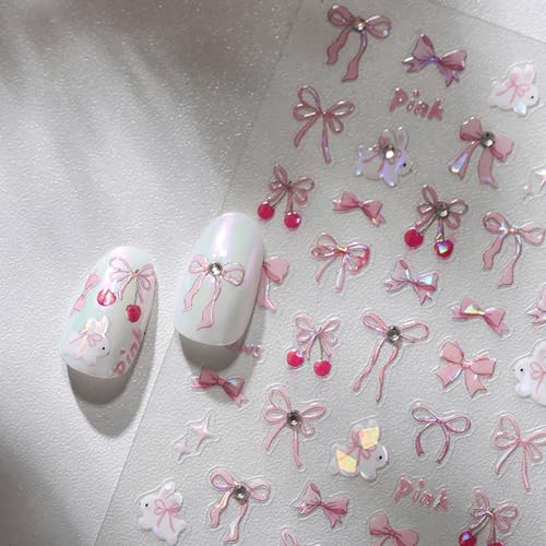 3D Self-Adhesive Bow Nail Art Stickers - Pink Glitter Designs