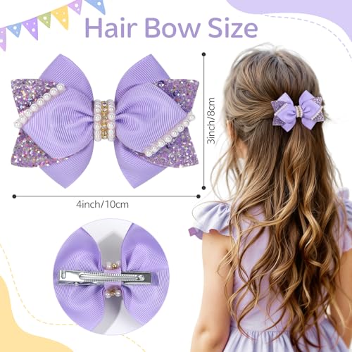 TOKUFAGU 4" Sparkly Glitter Sequin Ribbon Hair Bow Clips Light Purple with Pearls