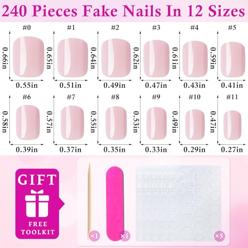 LuckForever Light Pink Short Square Press-On Nails 240pc Fake Nails for Manicure