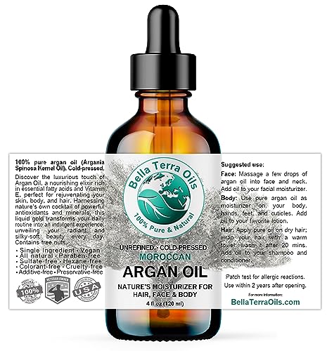 Bella Terra Oils Argan Oil 4 oz - Pure Cold-Pressed Hair Oil for Dry & Damaged Hair