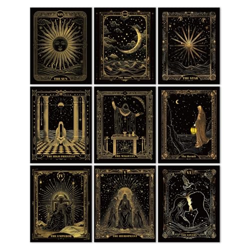 Tarot Wall Art Prints Set of 9 - Black and Gold Home Decor