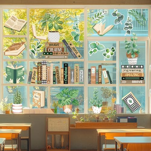 Greenery Window Clings - 8 Reading Decals with Plants for Classroom & Library