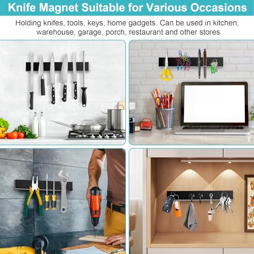14" Magnetic Knife Holder with 3 Hooks - Heavy Duty Stainless Steel Wall Organizer