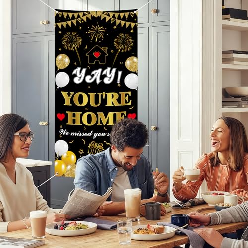 Welcome Home Banner - Black and Gold Party Decoration 70.8x35.4in