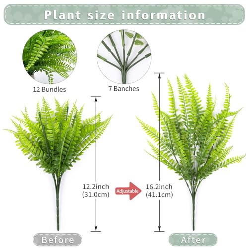12 Bundles UV Resistant Artificial Boston Ferns - Lifelike Faux Plants for Indoor & Outdoor Decor