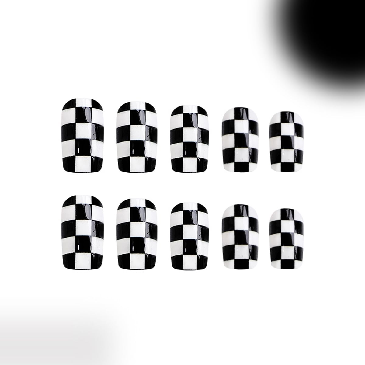 Short Press On Nails | Black White Plaid Acrylic Nail Tips - 24 Pcs Full Cover Glossy Design for Women