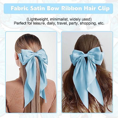 Large Silky Satin Blue Bow Hair Clip with Long Tails for Women