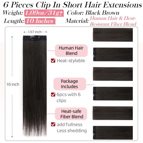 10'' Black Brown Short Clip-In Hair Extensions - Real Human Hair