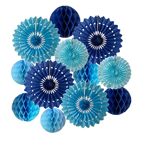 12pcs Blue Honeycomb Balls & Tissue Paper Fans for Parties