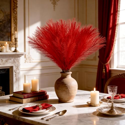 50pcs Red Faux Pampas Grass 21.6 Inch - Non-Shedding Decor for Home & Weddings