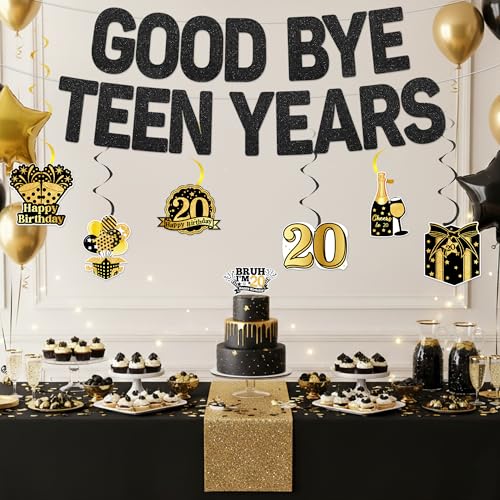 20th Birthday Banner Set - Black Gold Glitter Decorations for Him