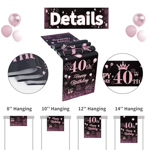 Happy 40th Birthday Table Runner - Black & Pink, 72 inches