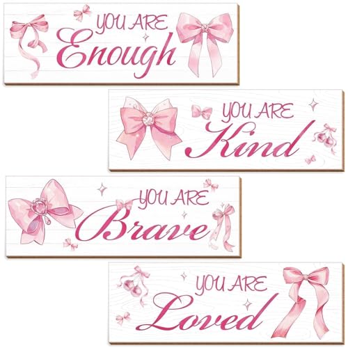 4-Piece Pink Bow Wall Decor Set with Positive Affirmations
