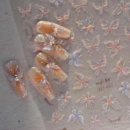 Dornail 3D Aurora Shell Butterfly Nail Stickers - Pink Laser Nail Art Decals for Manicure & DIY Nails
