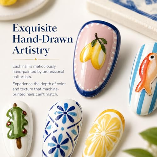 YWCYSP 10 Pcs Hand-Painted Summer Fish & Lemon Press On Nails - M
