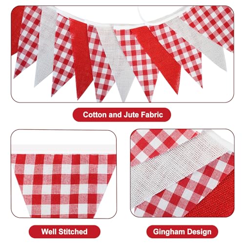 G2PLUS Red and White Gingham Bunting Banner - 32Ft Cotton Garland for Parties