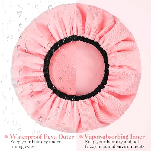 WAMFLUY Pink Reusable Waterproof Shower Cap for Women with Long Hair, Adjustable & Extra Large