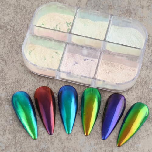 Mangoit Aurora Mirror Nail Powder - 6 Grids Chrome Pearl Glitter for Nail Art (01_Aurora)