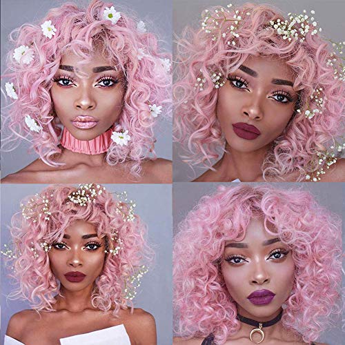 Pink Curly Wig for Women - Short Bouncy Afro Style with Bangs - Cosplay & Party Costume