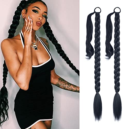 LyoRuSi 2 Pack 30 Inch Black Braided Ponytail Extensions for DIY Styling - Hair Ties Included