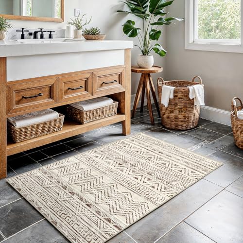 2x3 Washable Moroccan Area Rug - Non-Slip Beige Indoor Mat