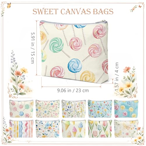 10-Pack Candy Canvas Makeup Bags for Women - Floral Cosmetic Pouches