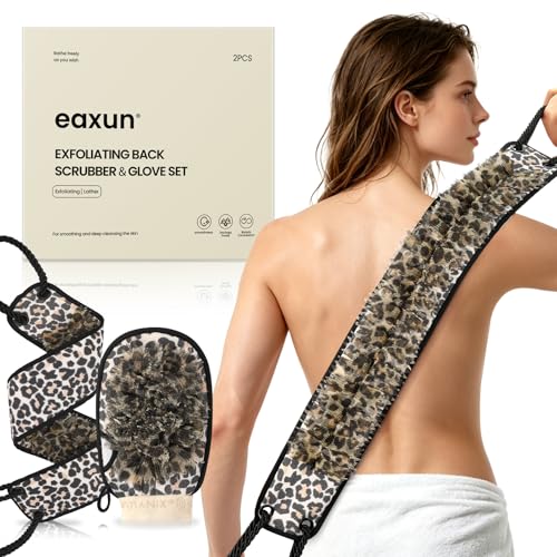 Eaxun Leopard Back Scrubber and Mitt Set - Medium, Long Reach Shower Exfoliating Bath Tool