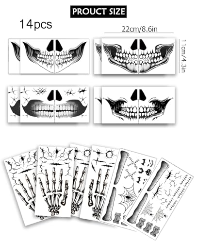ENYACOS B Halloween Skeleton Mouth Tattoo Set (10pcs) – Waterproof Horror Face Stickers, For Adults
