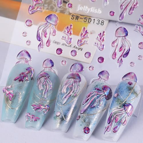 Jaliya 5D Embossed Ocean Nail Stickers - Summer Beach Shell & Sea Animal Decals