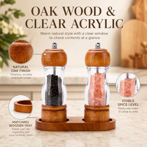 Manual Salt and Pepper Grinder Set with Oak Tray - Adjustable Ceramic Mills