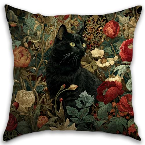 William Morris Inspired Vintage Black Cat Floral Pillow Cover - 18x18