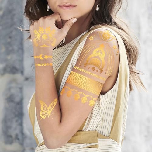 Gold Metallic Temporary Tattoos for Face & Body - 9 Sheets for Festivals & Parties