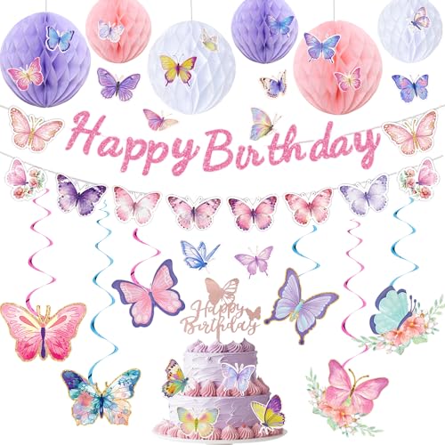 Butterfly Birthday Decorations Set - Purple Happy Birthday Banner & Cake Topper