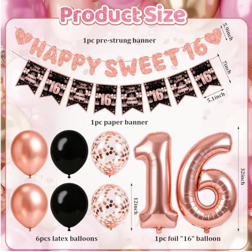 Zirtorei Sweet 16 Birthday Decorations Set - 10pcs Rose Gold Party Supplies