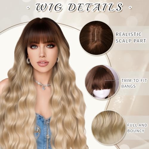 Potoki Ombre Blonde Long Wavy Synthetic Wig with Bangs - 26 Inch