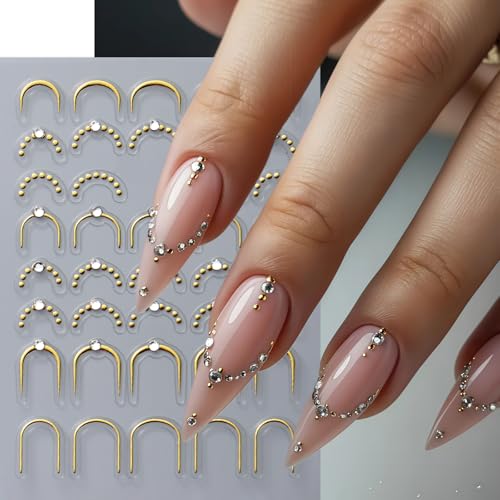 4 Pcs French Line Nail Art Stickers with Rhinestones - Self-Adhesive 5D Designs