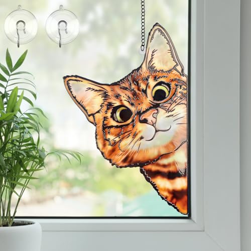 Stained Glass Window Hanging - Funny Peeking Cat Decor