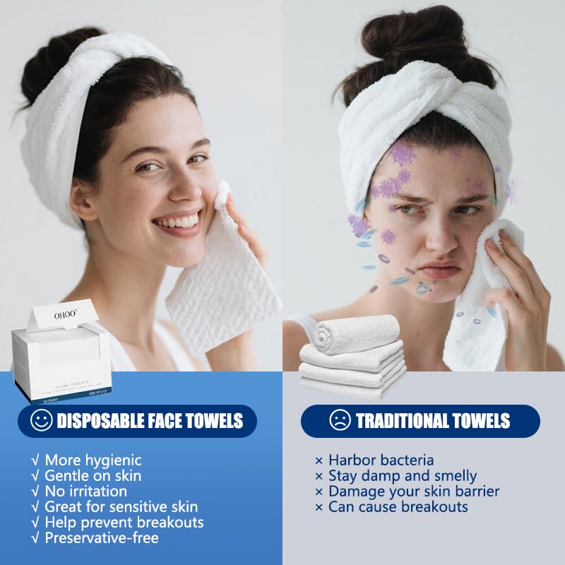 OHOO Disposable Face Towels 100 Count - Thick & Soft Makeup Remover
