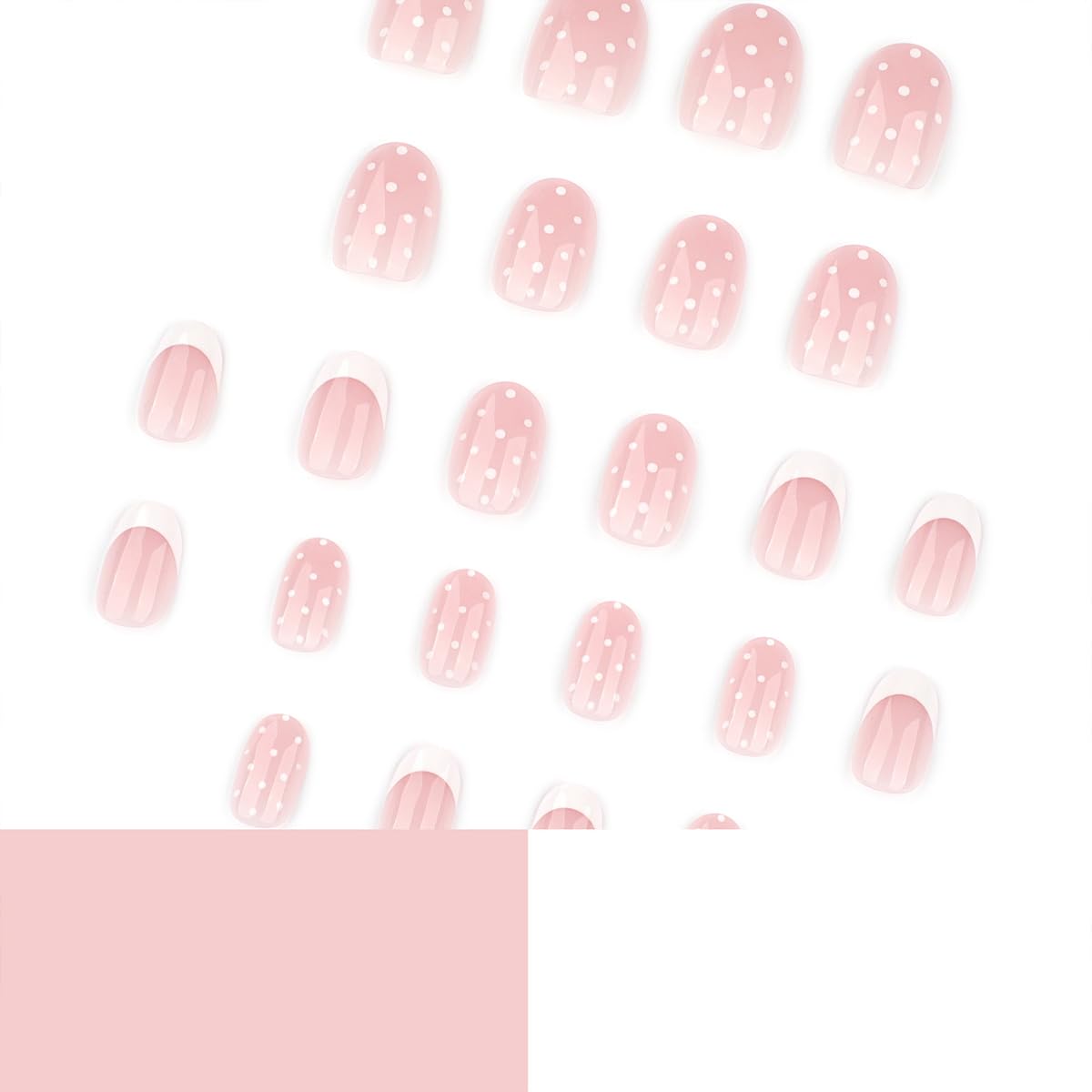 LRKNNO Polka Dot Press on Nails Short Almond Fake Nails White French Tip False Nails with Nude Pink Design Glossy Reusable Glue on Nails Cute Full Cover Acrylic Nails for Women Manicure 24Pcs