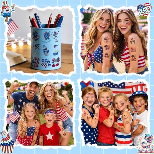 108PCS 4th of July Temporary Tattoos Kids, 250th Anniversary USA Glow in the Dark Fourth of July Birthday Decorations for Patriotic Party Favors, Red White and Blue Accessories Gifts Independence Day