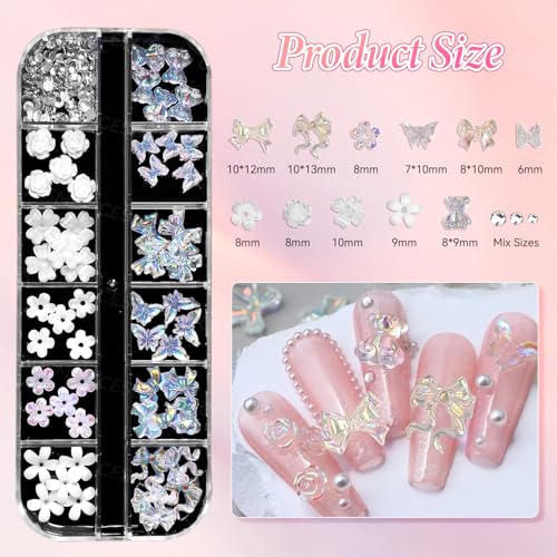 CESUSME 3 Boxes Bow Flower Nail Charms - 3D Color Flower & Bow Nail Art Decorations, S1