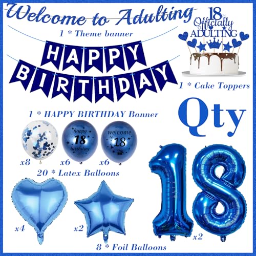 Blue Happy 18th Birthday Decorations Kit - 31 Pcs Balloons & Banner