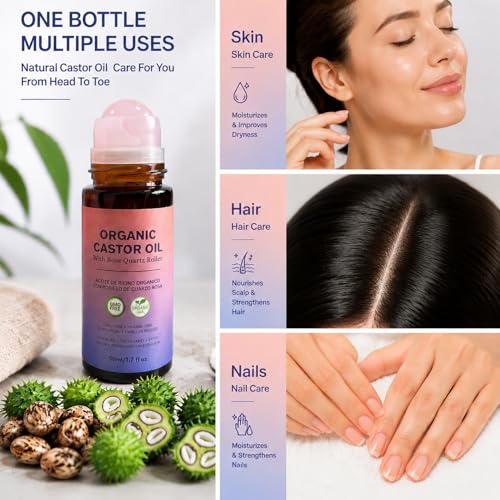 Organic Castor Oil Roll-On with Rose Quartz Roller - 100% Pure for Hair, Skin & Nails