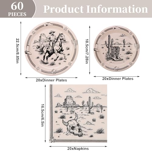 Cowboy Party Supplies Set for 20 | 60PCS Disposable Plates & Napkins