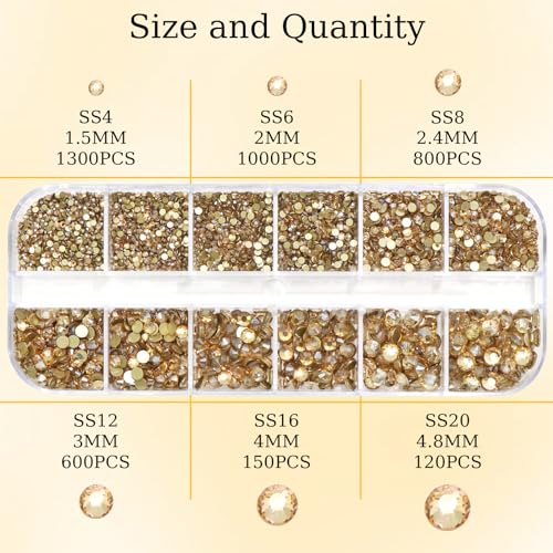 RODAKY 4000Pcs Champagne Flatback Rhinestones for Nails & Crafts - 6 Sizes