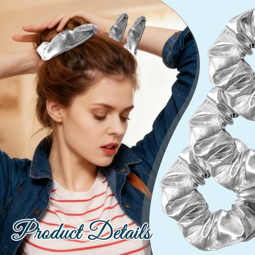 Silver PU Leather Hair Scrunchies - 4 Pcs Glam Accessories