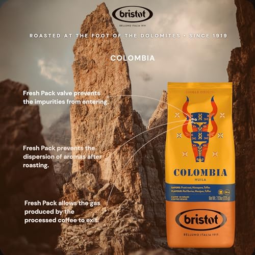 Bristot Colombia Huila Espresso Beans - 100% Arabica - Medium Roast with Red Berries, Marzipan & Toffee - 7.93 oz